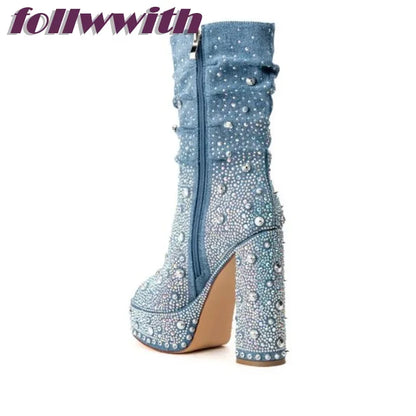 Bling Rivet Decoration Denim Square Heel Peep Toe Pumps Platform Super High Fashion Modern 2026 Hot Sale New Arrival Shoes