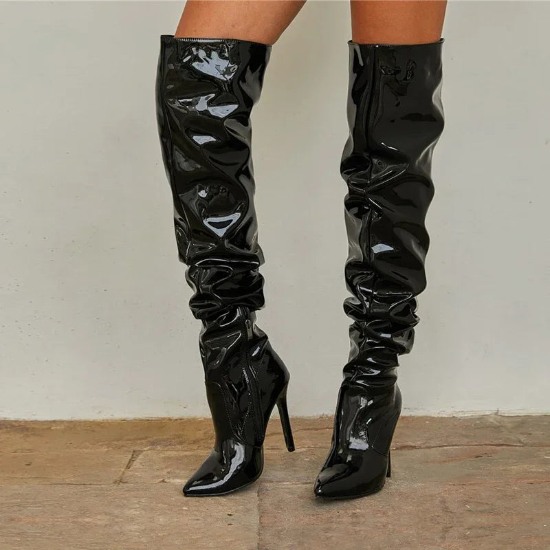 Aneikeh Fashion Pointed Toe Over The Knee Boots Women High Heels Patent Leather Solid Stiletto Side Zipper Sapatos Femininos