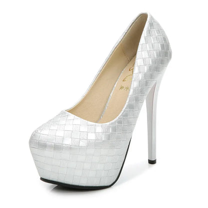 New Autumn 14CM High Heels Women Pumps Round Toe Slip On Stiletto Black Silver Woven Plaid Platform Party Office Lady Shoes Sexy