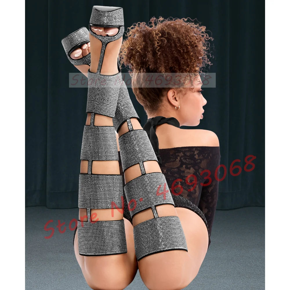 Crystal Caged Platform Knee High Sandal Boots Women Cut-out T-strap Gladiator Open Toe Sandals Sexy Back Zipper Stiletto Shoes