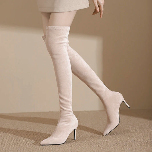 Spring and autumn of 2025 Apricot-colored high-heeled elastic over-the-knee boots with pointed tips and elegant thigh-high boots