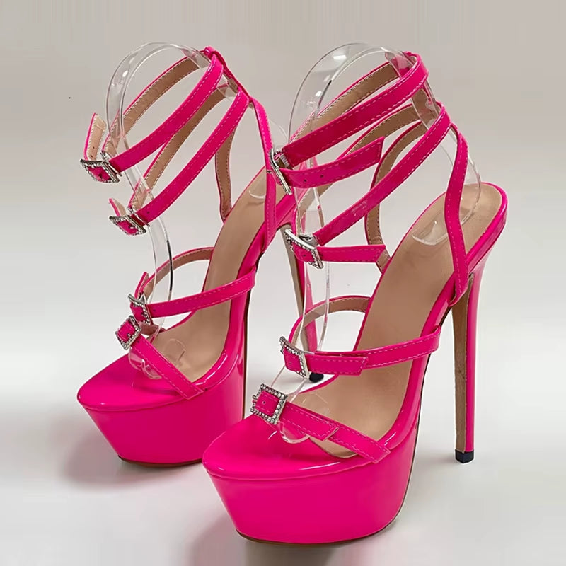 Runway Style Sexy High Heels Platform Sandals for Women Fashion Open Toe Crystal Buckle Stiletto Wedding Stripper Shoes