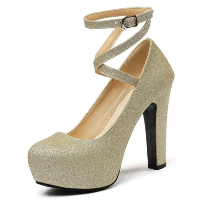 ORCHA LISA 2025 Sexy Women Pumps Round Toe Block Heels 11.5cm Platform 3.5cm Buckle Strap Bling Wedding Party Shoes 47 48 49 50