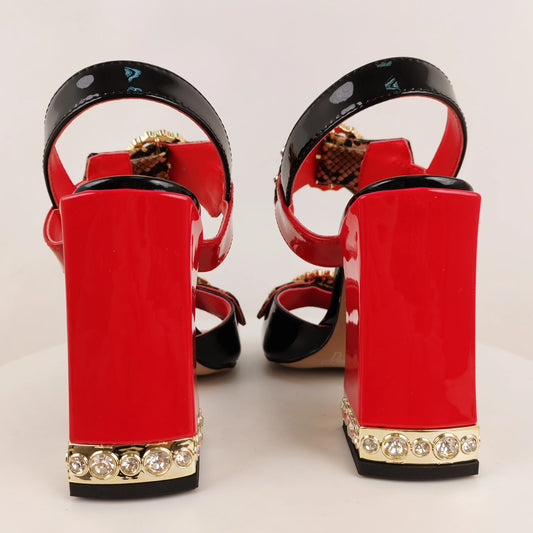 Women's Red-Black Platform Block Heel Sandals Sequin Accents Buckle Detail Bold Glam for Summer Evening Events Party Outfits