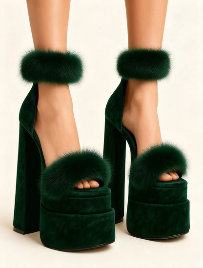 Green Velvet Platform Round-Toe Heels Faux Fur Accents Chunky Block Heel Open-Toe Design Fashion Luxe Thick High Heels for Lady