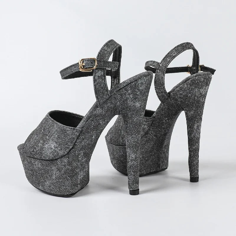 Eilyken Summer Design Denim Buckle Strap Women Sandals Fashion Open Toe Stiletto High Heels Nightclub Stripper Shoes