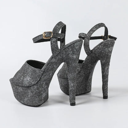 Eilyken Summer Design Denim Buckle Strap Women Sandals Fashion Open Toe Stiletto High Heels Nightclub Stripper Shoes