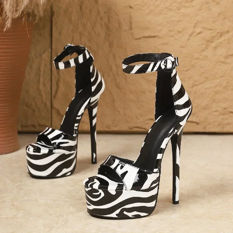 Aneikeh Fashion Design Zebra Stripe Super Stiletto High Heels Women Sandals Summer Buckle Strap Nightclub Prom Female Shoes