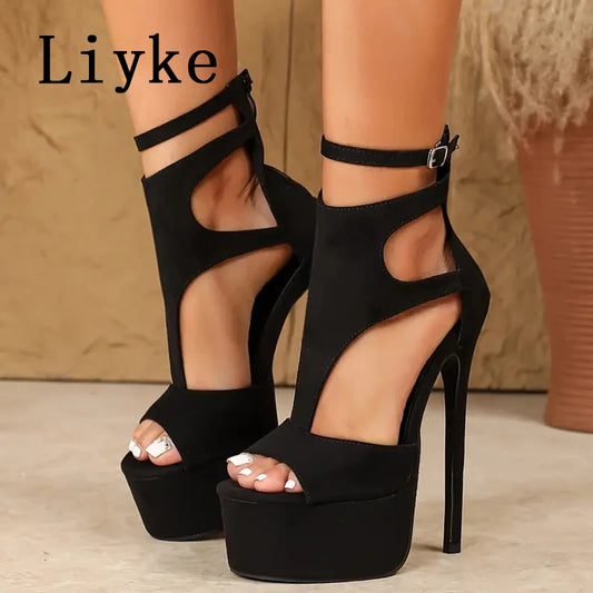 Liyke Model Show Sexy Extreme High Heels Platform Sandals For Women Fashion Zip Buckle Strap Open Toe Banquet Party Dress Shoes