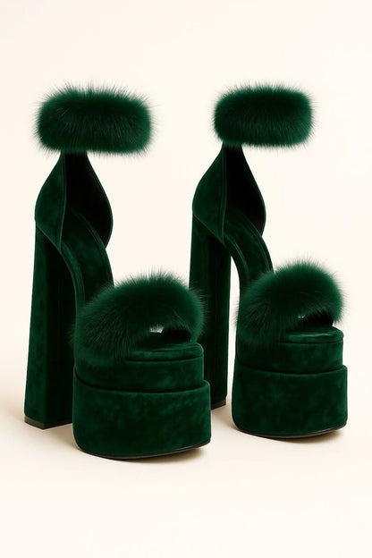 Green Velvet Platform Round-Toe Heels Faux Fur Accents Chunky Block Heel Open-Toe Design Fashion Luxe Thick High Heels for Lady