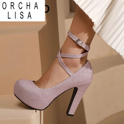 ORCHA LISA 2025 Sexy Women Pumps Round Toe Block Heels 11.5cm Platform 3.5cm Buckle Strap Bling Wedding Party Shoes 47 48 49 50