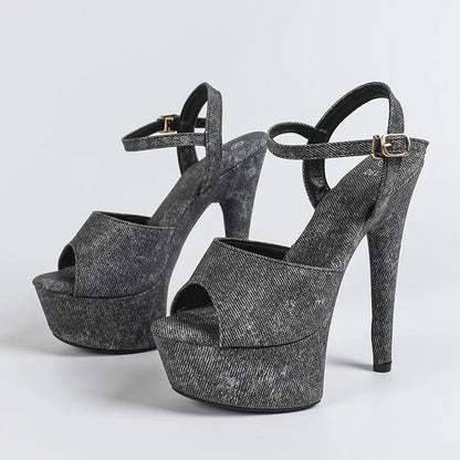 Eilyken Summer Design Denim Buckle Strap Women Sandals Fashion Open Toe Stiletto High Heels Nightclub Stripper Shoes