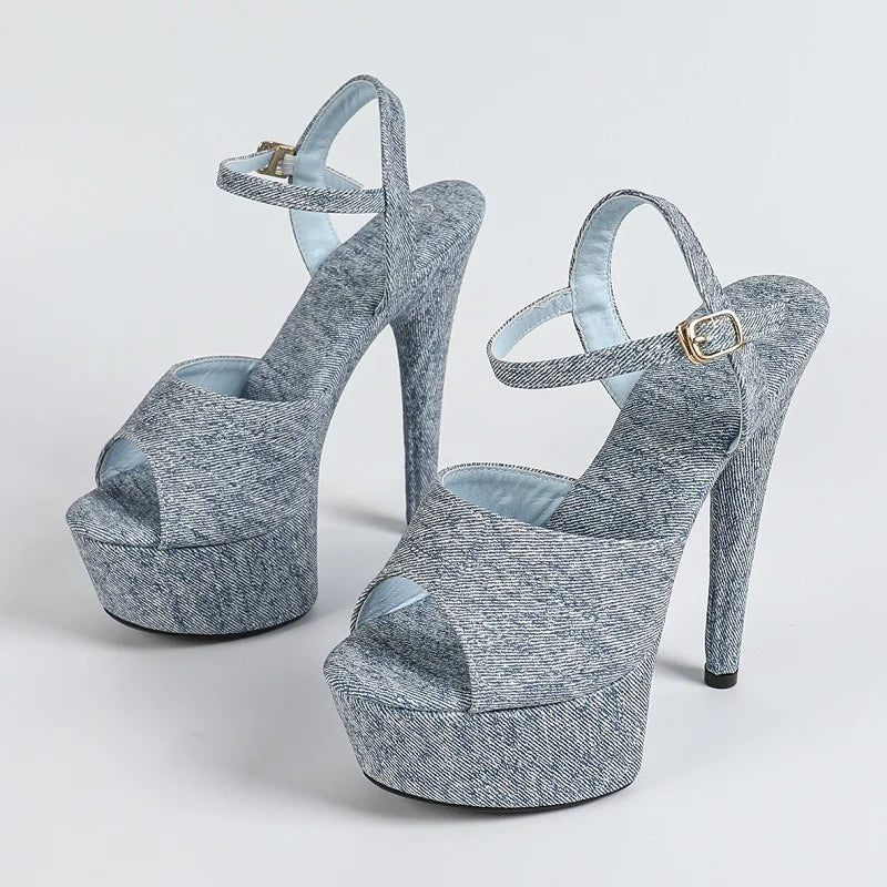 Eilyken Summer Design Denim Buckle Strap Women Sandals Fashion Open Toe Stiletto High Heels Nightclub Stripper Shoes