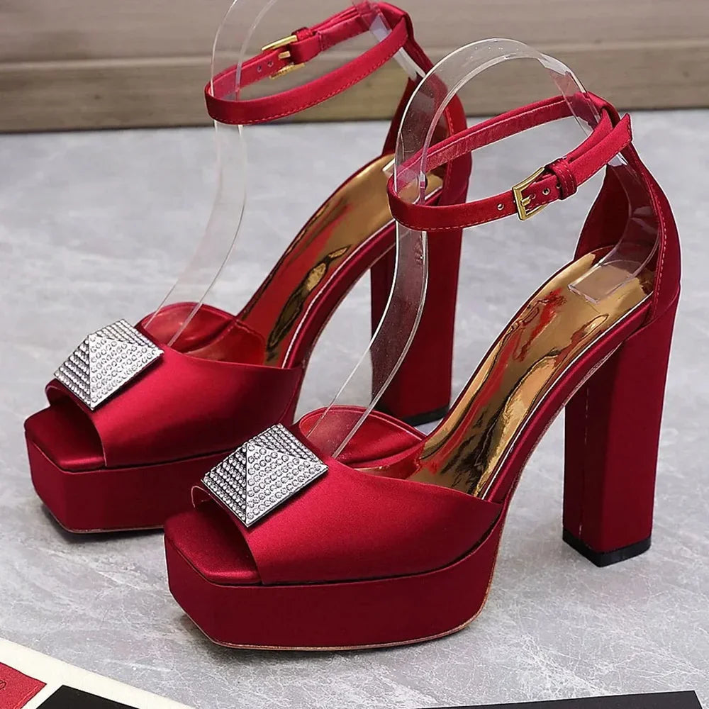 Metal Square Buckle Plaftome Peep Toe Heels Sexy Peep Toe Square Heel Cover Heel Buckle Betl New Arrivals Fashion Women Shoes