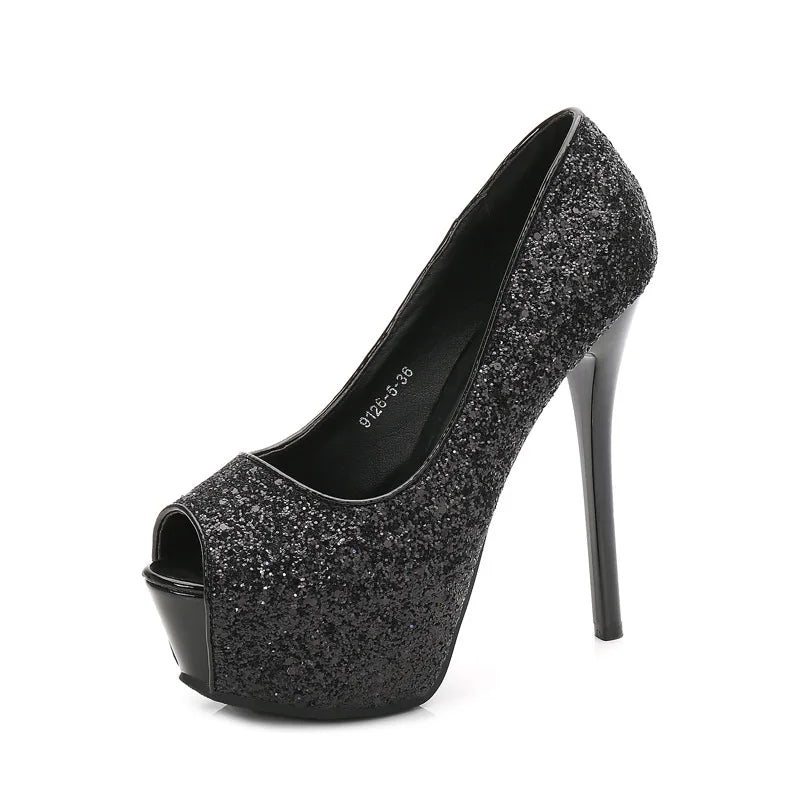 Fashion Sequins Trendy Sexy Nightclub Fish Mouth High Heel Waterproof Platform Shallow Mouth Women's Single Shoes Elegant Pumps