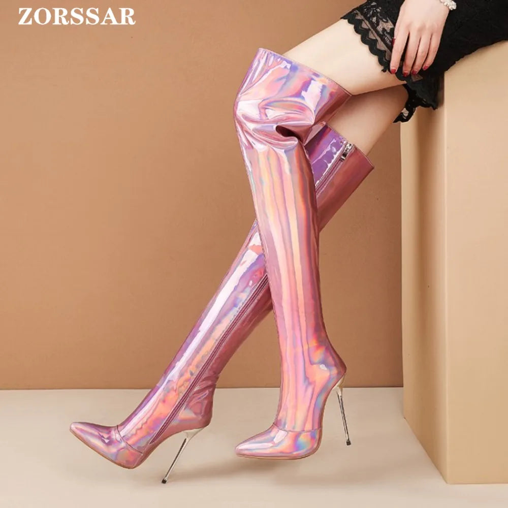 Women Boots Mirror Platform Pointed Toe Sexy High Thin Heels Over The Knee Long Boots Autumn Winter Zip Golden Casual Party Shoe