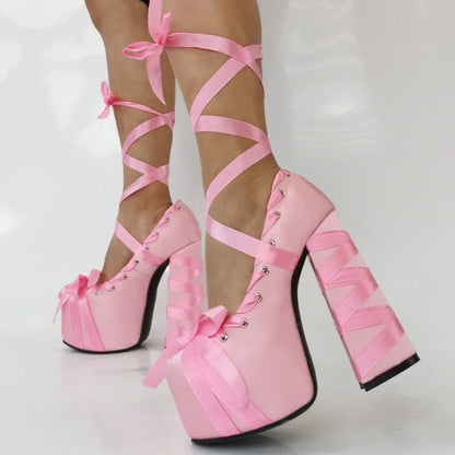 Lolita Pink Sandals Sweet Strappy Platform Thick Heel Women's Pumps Satin Bow Tie Lace-Up Fashion Sandals