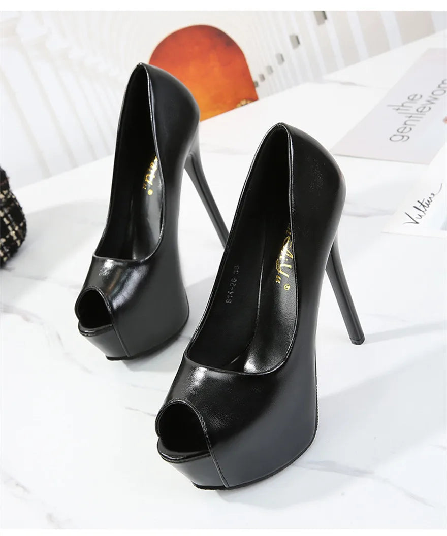 10/12/14cm Super High Heels Women Fashion Leather Shoes Spring Fall Peep Toe Platform Party Nude Black Office Dress Pumps Female