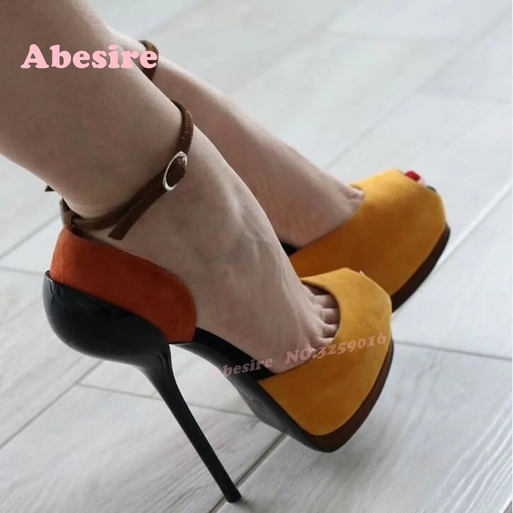 Multi-Color Platform Pumps Peep Toe Buckled Splicing Sexy Women's Sandals Stiletto Heels Ankle Strap Runway Shoes Elegant