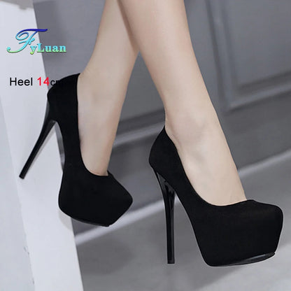 High Heels 12cm 14cm Women Pumps Fashion Flock Round Toe Platform Wedding Single Shoes Casual Thin Heels Ladies Super High Heels
