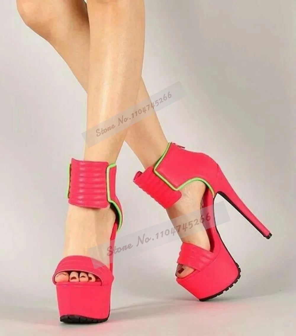 Rose Red Matte Leather Striped High Heel Sandals Platform Wide Band Zipped Dress Shoes Open Toe Gladiator Banquet Pumps
