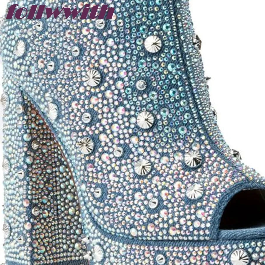 Bling Rivet Decoration Denim Square Heel Peep Toe Pumps Platform Super High Fashion Modern 2026 Hot Sale New Arrival Shoes