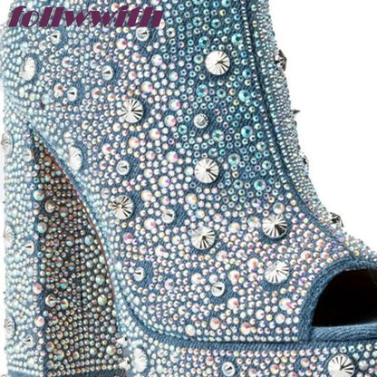 Bling Rivet Decoration Denim Square Heel Peep Toe Pumps Platform Super High Fashion Modern 2026 Hot Sale New Arrival Shoes