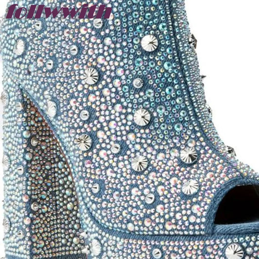 Bling Rivet Decoration Denim Square Heel Peep Toe Pumps Platform Super High Fashion Modern 2026 Hot Sale New Arrival Shoes