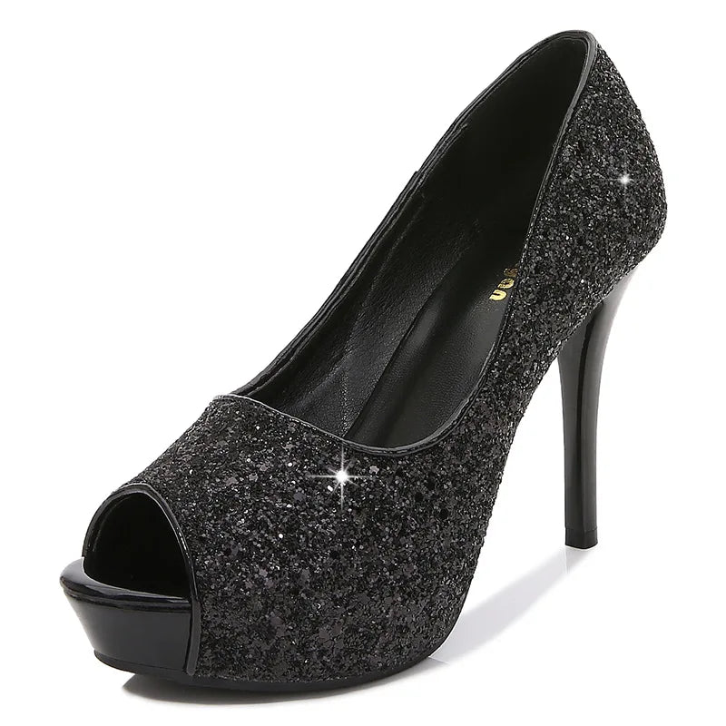 Fashion Sequins Trendy Sexy Nightclub Fish Mouth High Heel Waterproof Platform Shallow Mouth Women's Single Shoes Elegant Pumps
