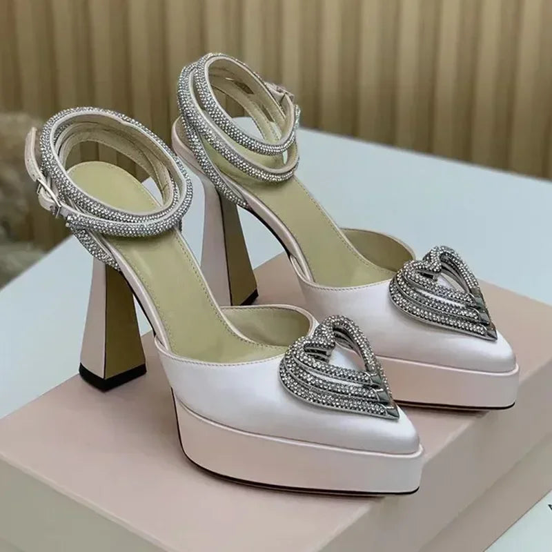 Platform Crystal Love Decoration Sandals Sexy Pointed Toe Thin Heel Ankle Buckle Strap New Arrivals Fashion Women Modern Shoes