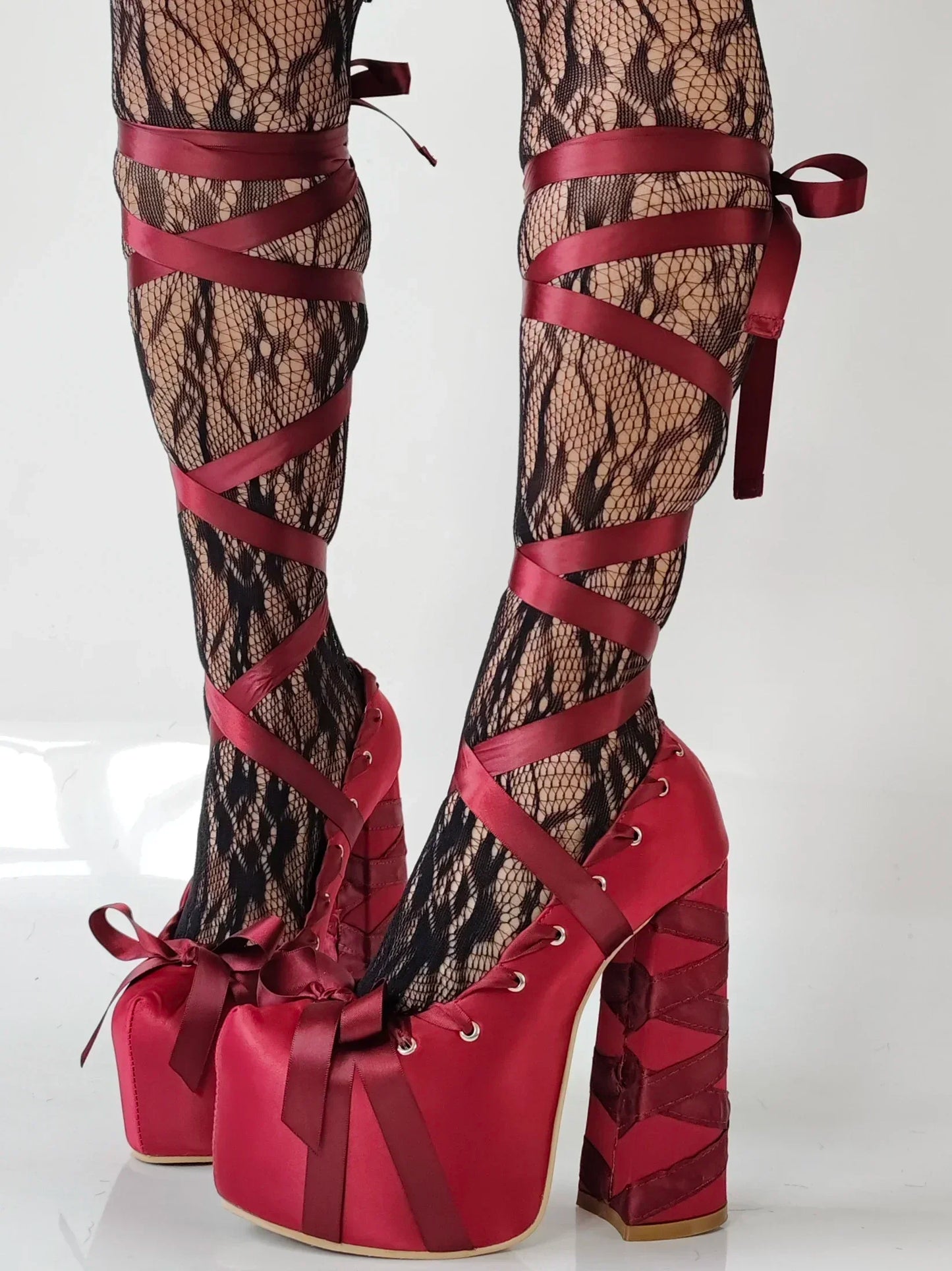 Lolita Pink Sandals Sweet Strappy Platform Thick Heel Women's Pumps Satin Bow Tie Lace-Up Fashion Sandals