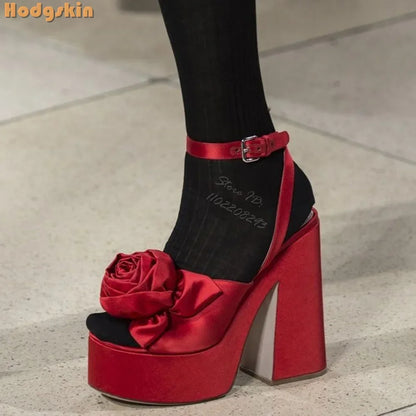 Sexy Flower Square Heel Sandals Satin Solid Round Toe Buckle Straps Pumps 2025 Summer Women New Fashion Party Shoes Platform