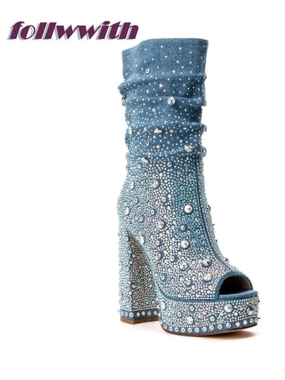 Bling Rivet Decoration Denim Square Heel Peep Toe Pumps Platform Super High Fashion Modern 2026 Hot Sale New Arrival Shoes