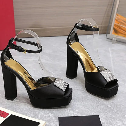 Metal Square Buckle Plaftome Peep Toe Heels Sexy Peep Toe Square Heel Cover Heel Buckle Betl New Arrivals Fashion Women Shoes