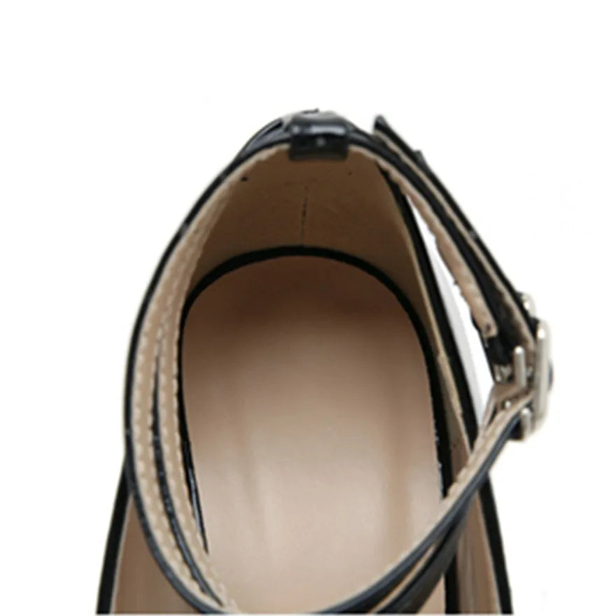 2025 Peep Toe Party Buckle Women Pumps Sexy Patent Leather Shallow Ladies Shoe Platform Thin Heels Female Dress Black Work Shoes