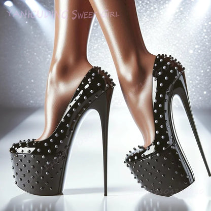 High Platform Black Pump Rivet Stiletto Heels Women Round Toe Sandals Sexy Pole Dance Patent Leather Matte Custom 46Size Shoes