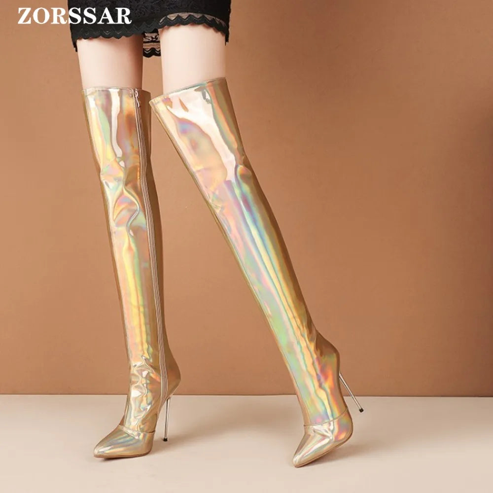 Women Boots Mirror Platform Pointed Toe Sexy High Thin Heels Over The Knee Long Boots Autumn Winter Zip Golden Casual Party Shoe