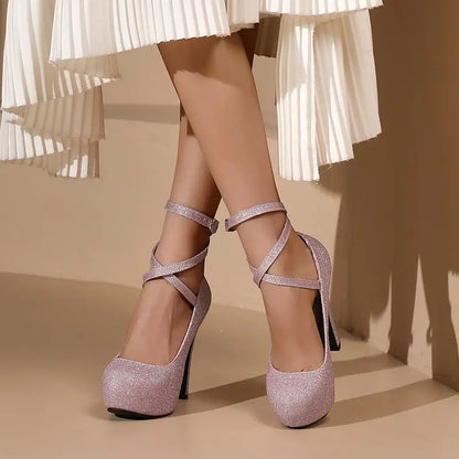 ORCHA LISA 2025 Sexy Women Pumps Round Toe Block Heels 11.5cm Platform 3.5cm Buckle Strap Bling Wedding Party Shoes 47 48 49 50