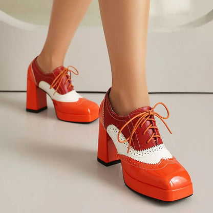 ORCHA LISA Shiny Fashion Women Pumps Square Toe Chunky Heels 9.5cm Platform 2cm Lace Up Mixed Color 44 45 46 47 48 Dating Shoes