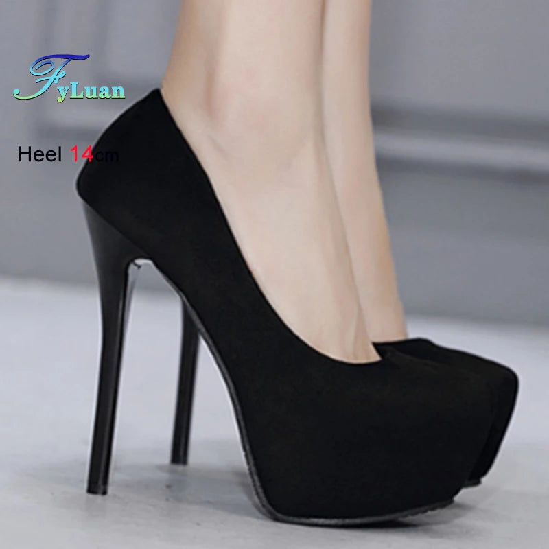 High Heels 12cm 14cm Women Pumps Fashion Flock Round Toe Platform Wedding Single Shoes Casual Thin Heels Ladies Super High Heels