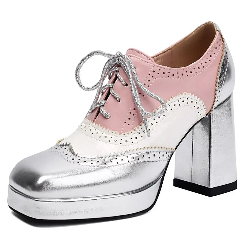 ORCHA LISA Shiny Fashion Women Pumps Square Toe Chunky Heels 9.5cm Platform 2cm Lace Up Mixed Color 44 45 46 47 48 Dating Shoes