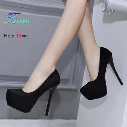 High Heels 12cm 14cm Women Pumps Fashion Flock Round Toe Platform Wedding Single Shoes Casual Thin Heels Ladies Super High Heels