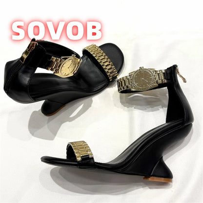 Womens Golden Watch Embellished Strap Sandals Sexy Wedge Heel Sandals Open Toe Ladies Chain Detail Gladiator Sandals 35-43