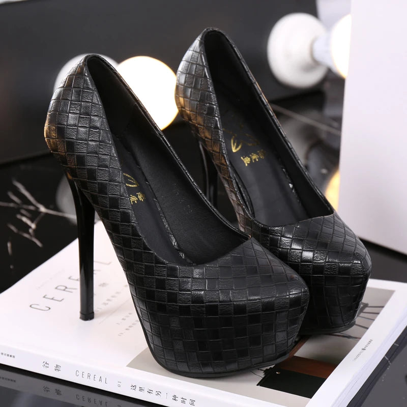 New Autumn 14CM High Heels Women Pumps Round Toe Slip On Stiletto Black Silver Woven Plaid Platform Party Office Lady Shoes Sexy