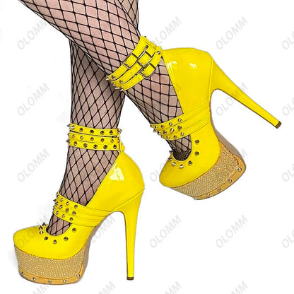 Olomm Handmade Women Platform Pumps Sexy Rivets Stiletto High Heels Pumps Round Toe Pink Party Shoes Women Plus US Size 5-15
