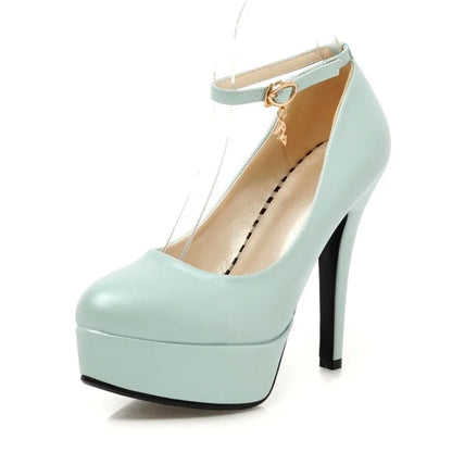 Big Size White Pink Wedding Party Women Platform Pumps High Spike Heels Blue Black PU Bridal Office Lady Round Toe Thin Stiletto