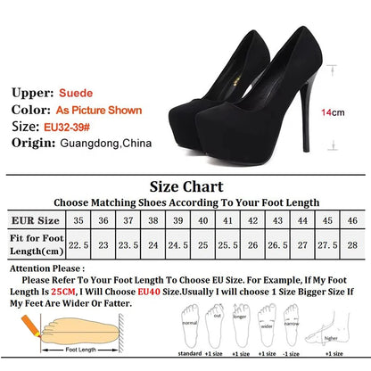 High Heels 12cm 14cm Women Pumps Fashion Flock Round Toe Platform Wedding Single Shoes Casual Thin Heels Ladies Super High Heels
