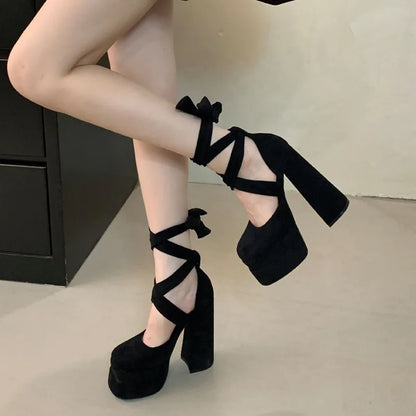 15cm Ultra High heels Fashion Square toe Double Platform Women Pumps Sexy Ankle Strap Mary Jane Wedges Thick Heeled Chunky Shoes