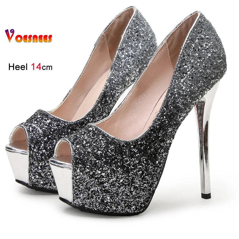 2025 New Rose Red Sequin High Heels 14cm 12cm Clear Platform Women Shoes Thin Heels Round Toe Ladies Pumps Peep Toe Party Shoes