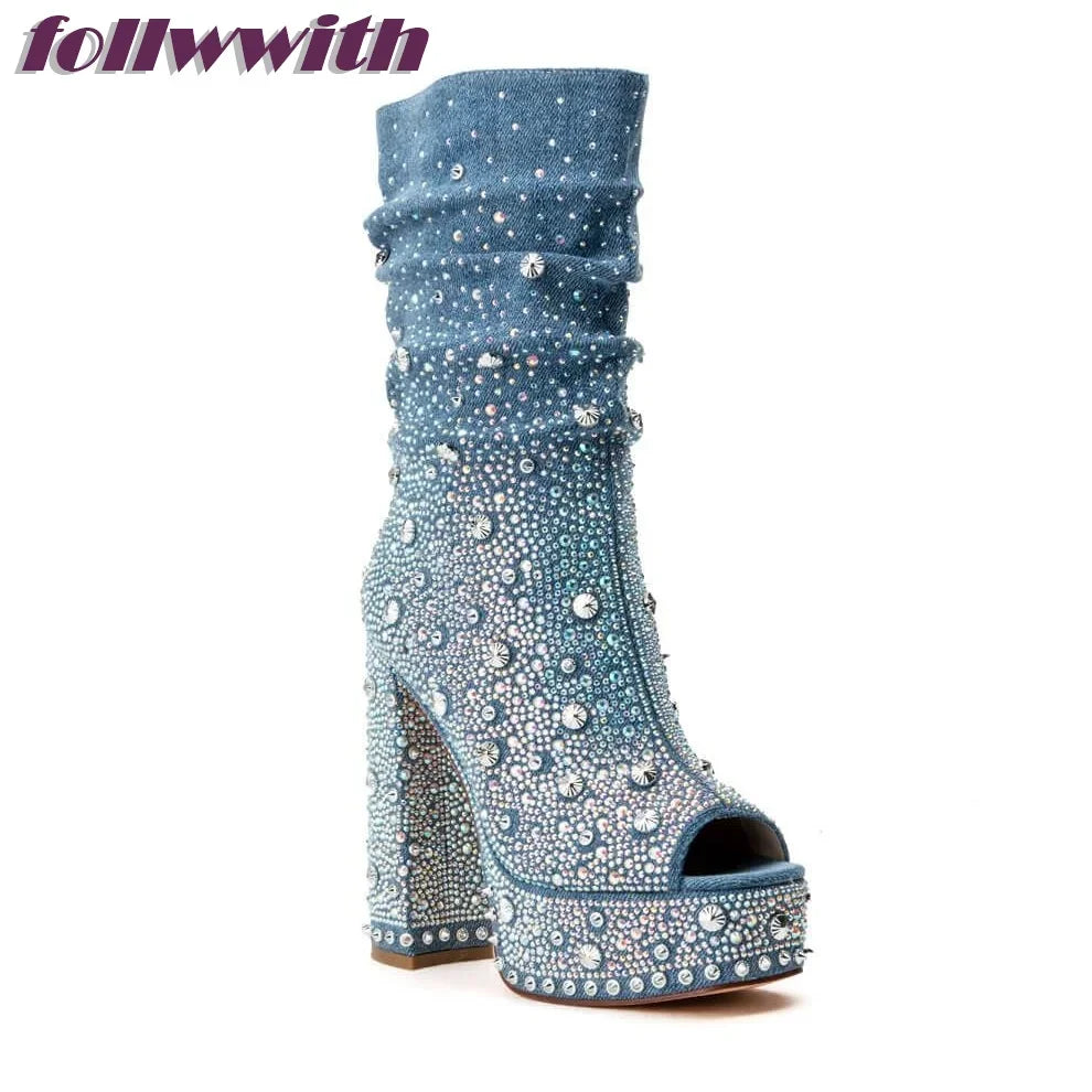 Bling Rivet Decoration Denim Square Heel Peep Toe Pumps Platform Super High Fashion Modern 2026 Hot Sale New Arrival Shoes